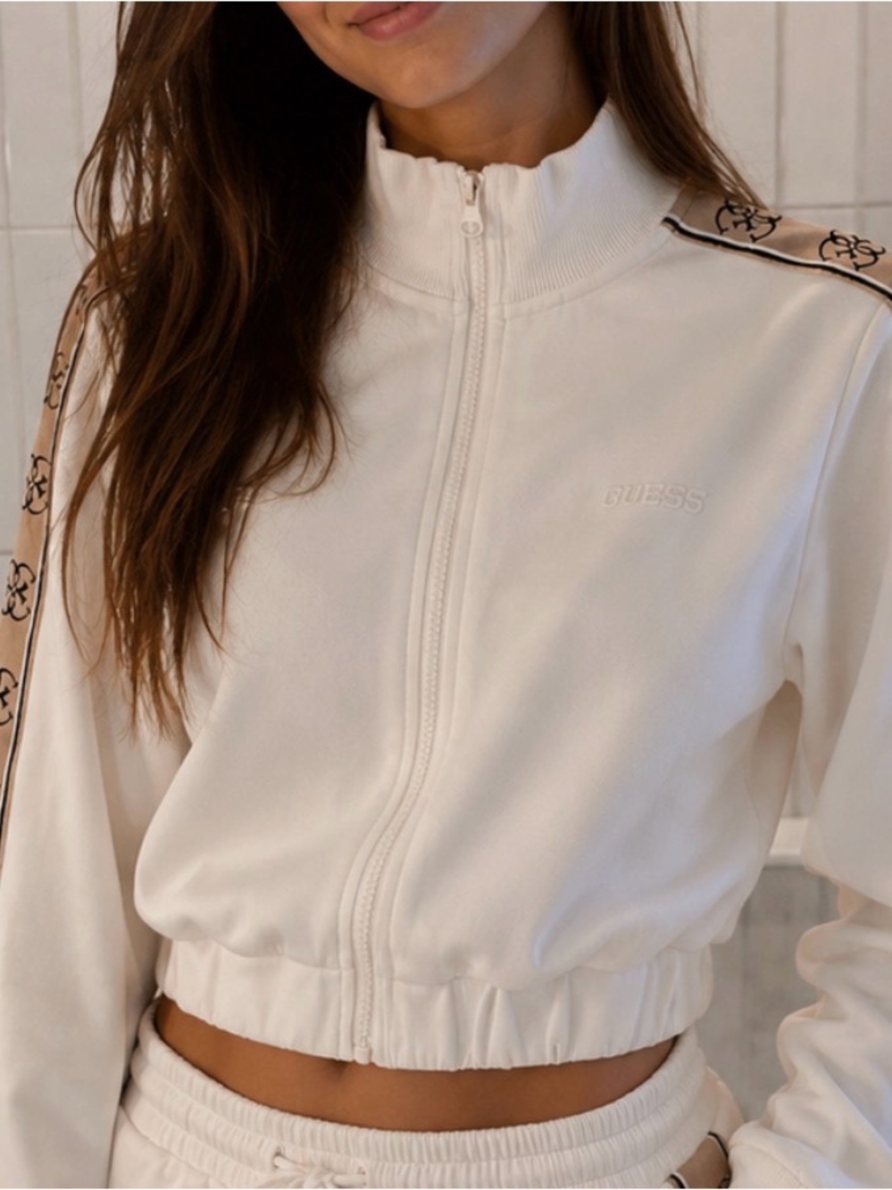 Guess White Cropped Track Jacket with Logo Tape